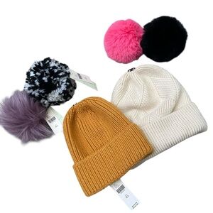 Anthropologie Pick-a-Pom Beanie Set with Poms - 2 Hats + 4 Poms